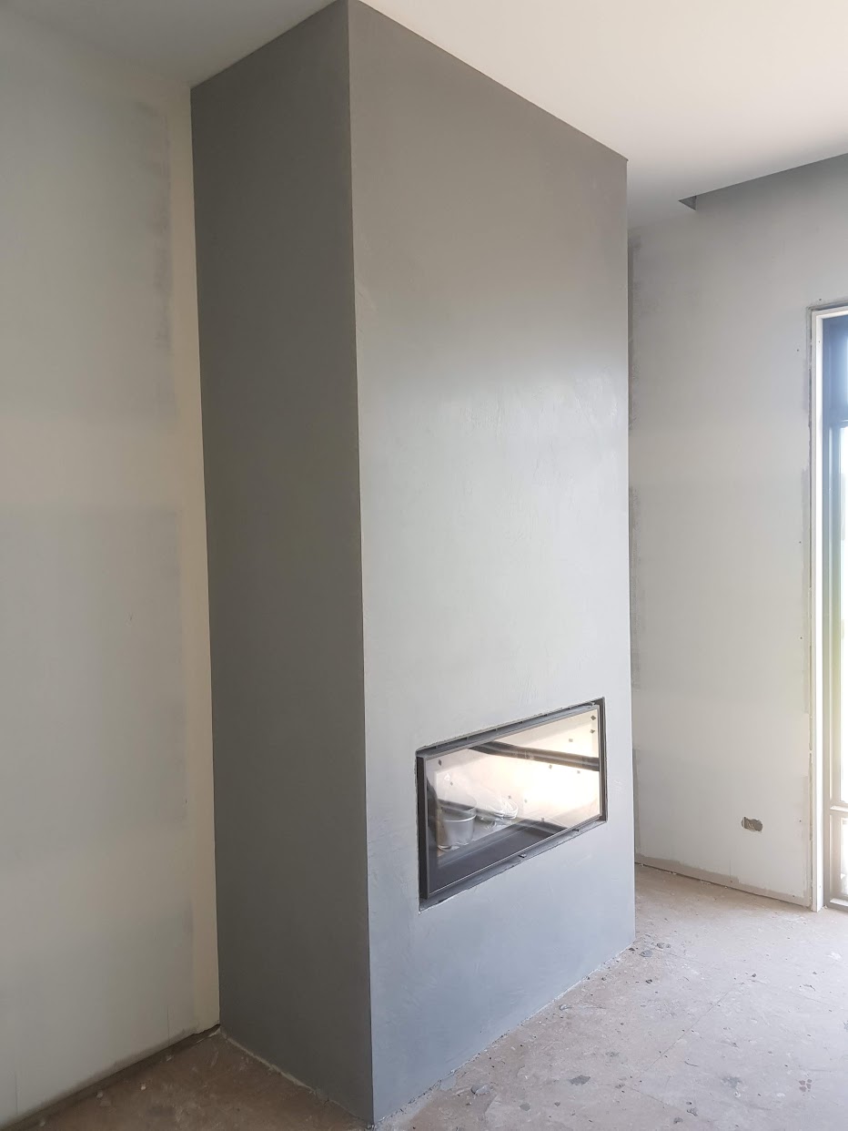 Smooth Venetian plaster fireplace surround with grey finish, Melbourne VIC