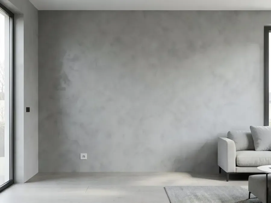 Living room wall finished in a grey concrete effect coating with soft tonal variation