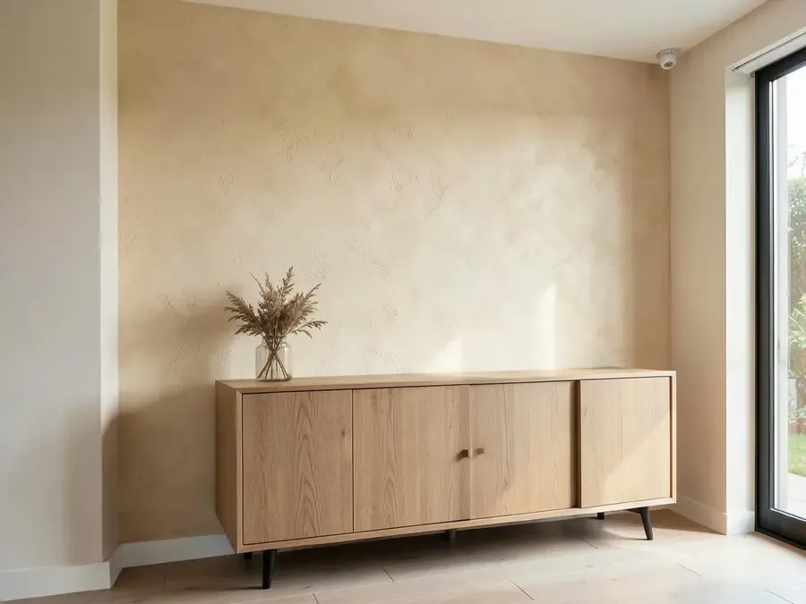 Interior feature wall with a soft textured limewash finish behind a timber sideboard