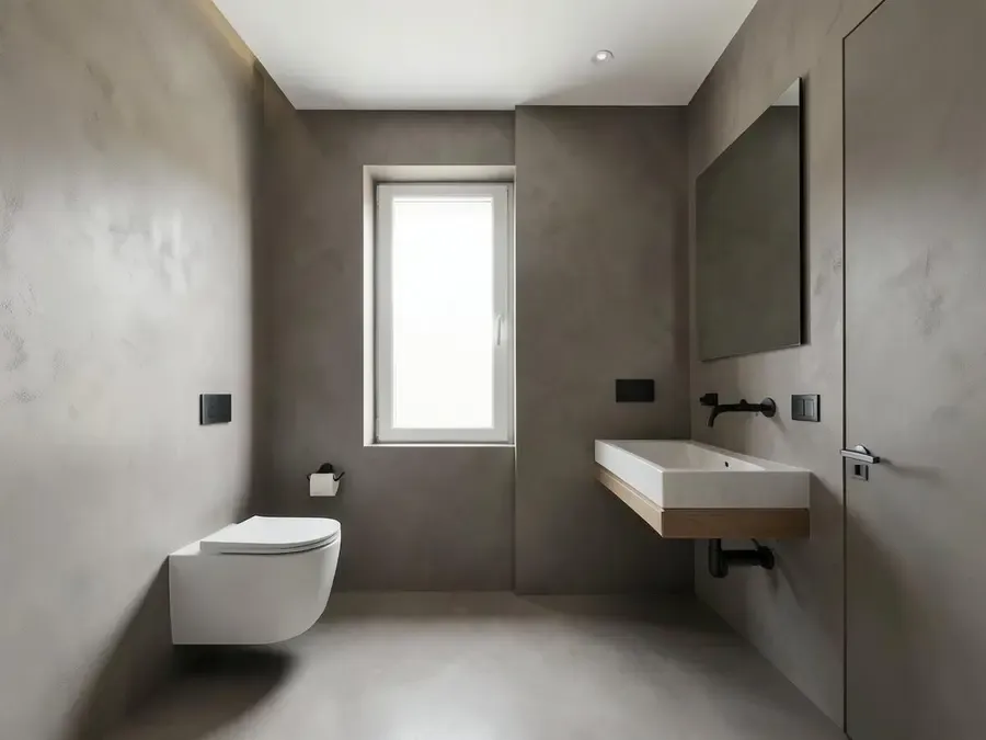 Bathroom with continuous microcement wall and floor finish in a warm grey tone